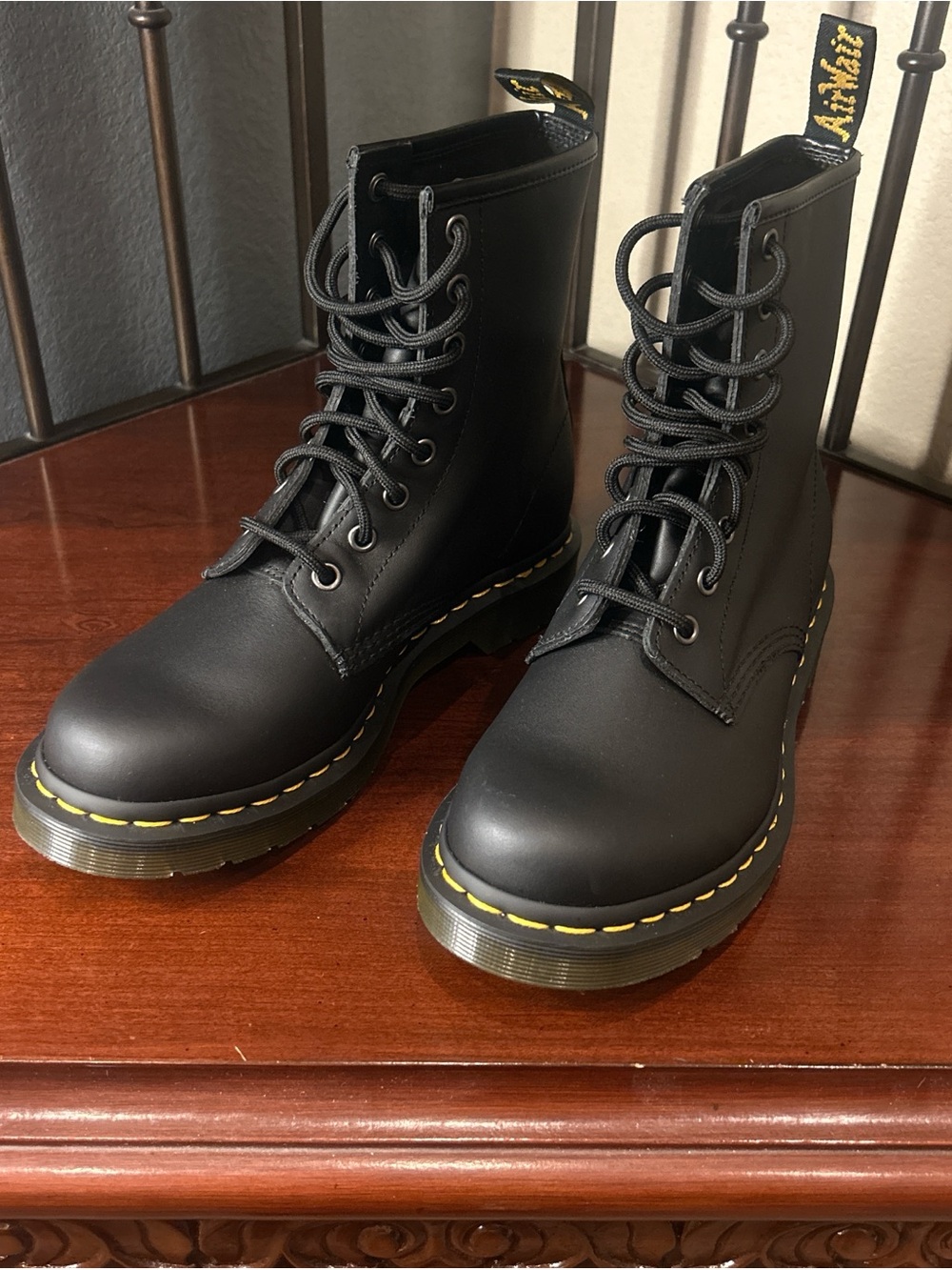 Dr. Martens Women’s Black Leather Lace-Up Boots with Yellow Stitching NWOT